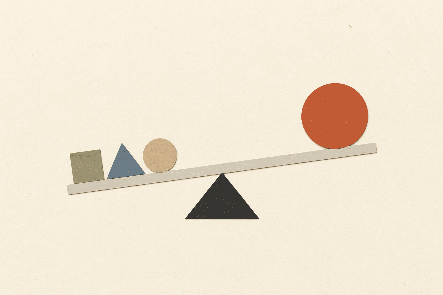 Three paper input tokens balance one burnt-clay outcome disc