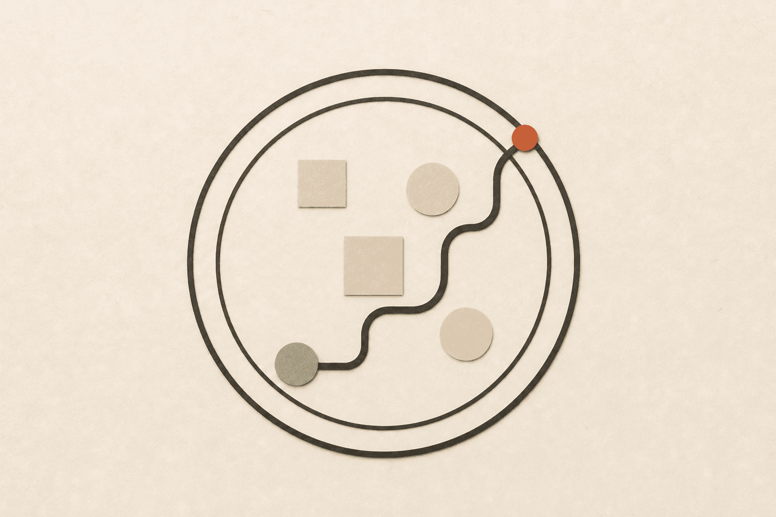 An olive token follows a paper route through protected data shapes and stops at a burnt-clay boundary checkpoint