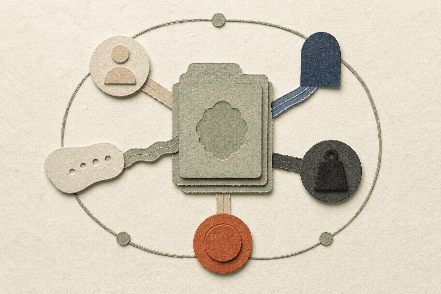 A layered sage agent record connects an owner, access path, activity trail, cost weight, and burnt-clay outcome inside one governance loop