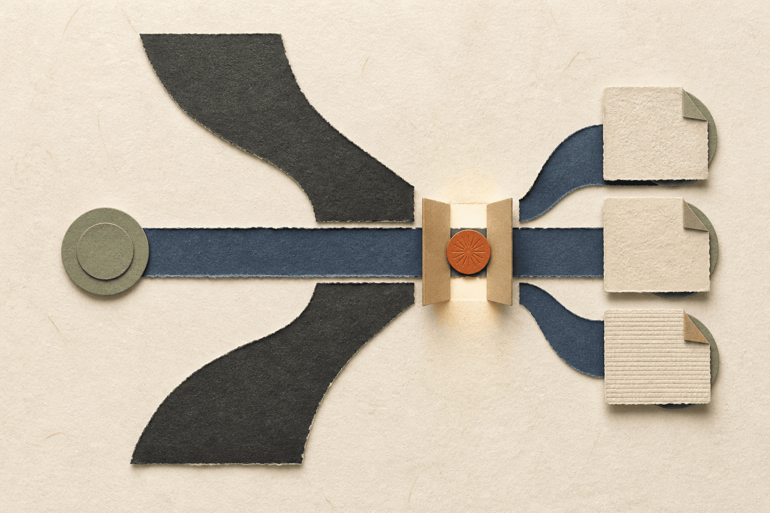 A sage agent token passes through one narrow indigo corridor opened by a burnt-clay time-bound grant while broader charcoal paths stay closed