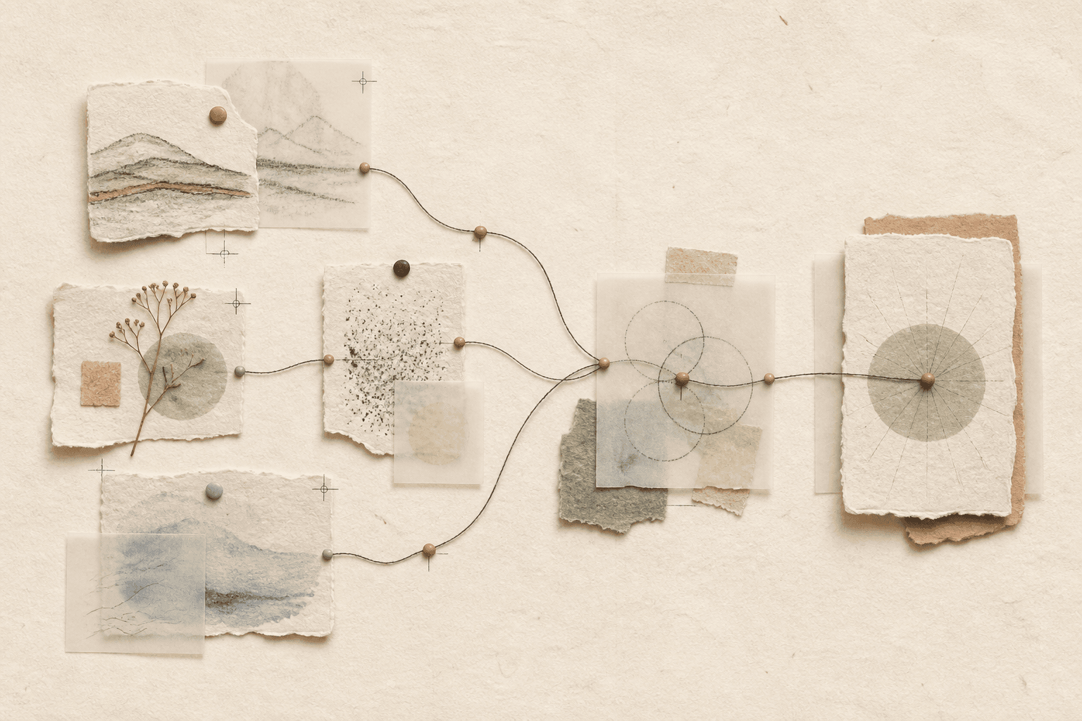 Torn paper observations connected by charcoal threads into one measured conclusion